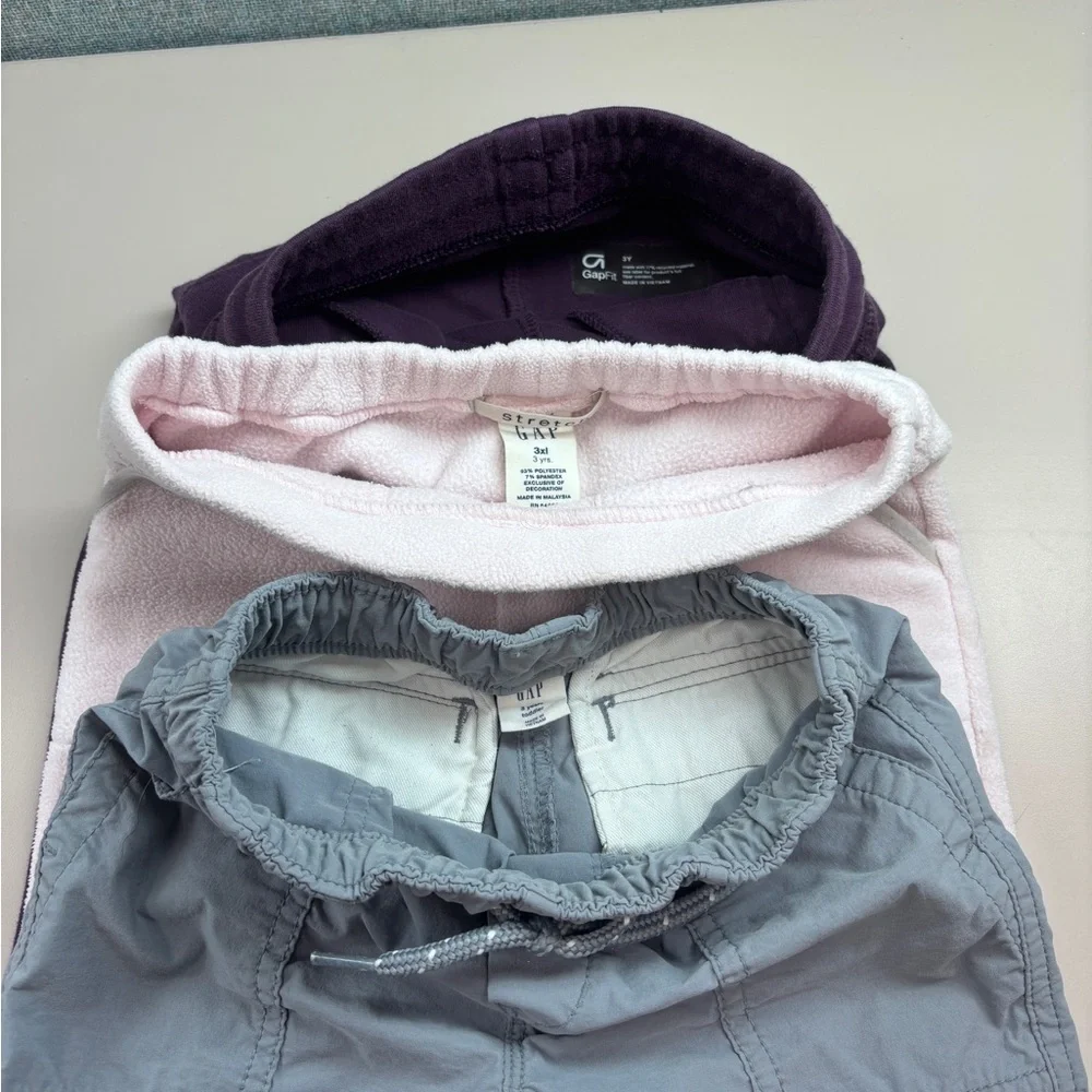Set of Three 3T GAP Bottoms (1 Purple GapFit, 1 Pink Fleece, 1 Gray Short)